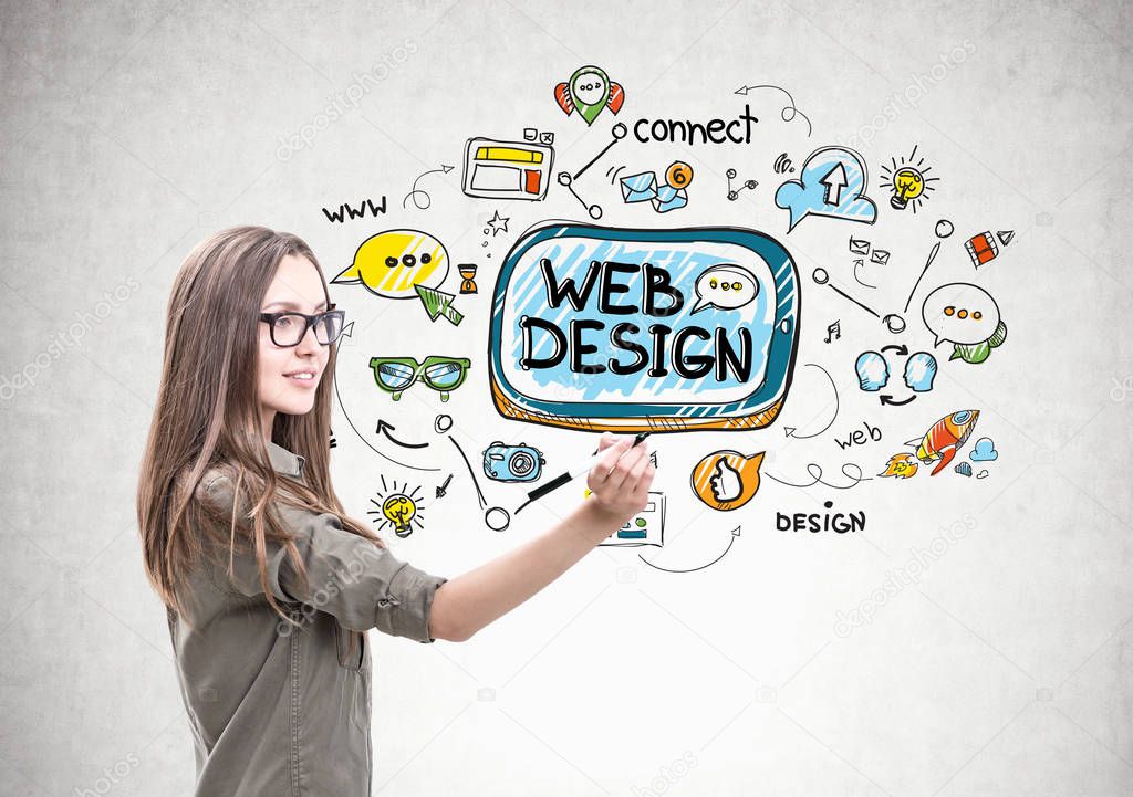 Smiling woman with a marker, web design