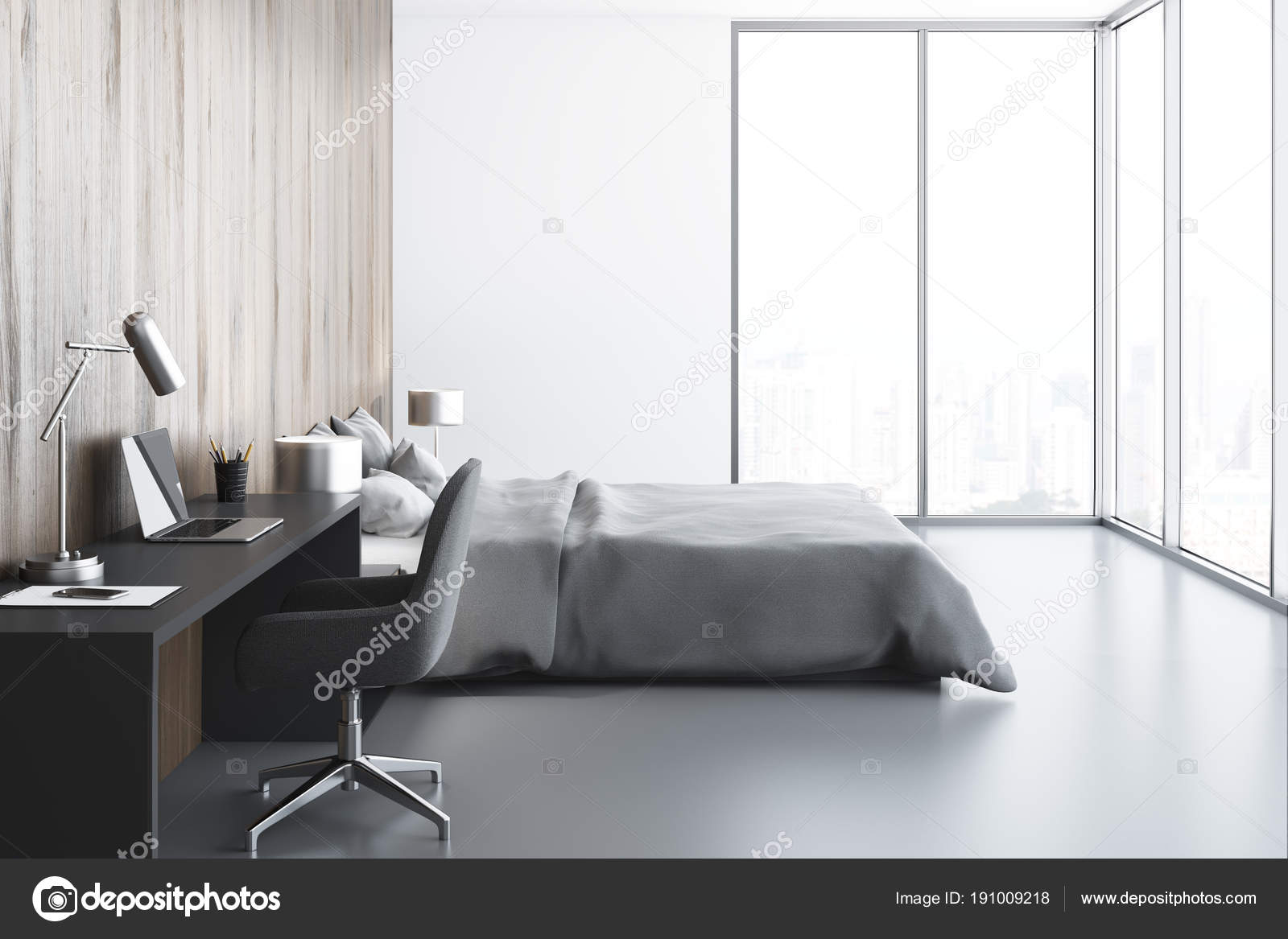 White Panoramic Bedroom Computer Desk Side View Stock Photo