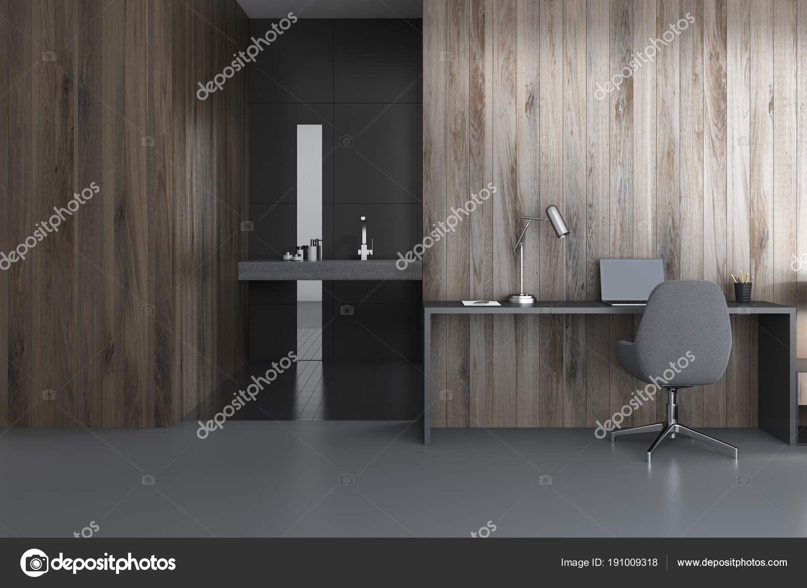 Wooden Home Office Interior Bathroom Stock Photo