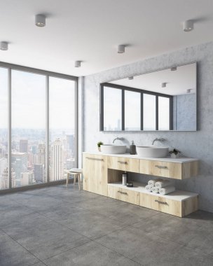 Beton banyo köşesi, beyaz çift lavabo