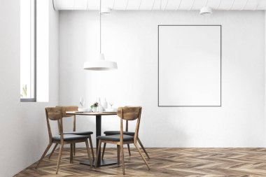 Yuvarlak masa sandalye bir restoranda ile poster