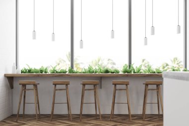 Beyaz modern iç mekan, çiçek yatak bar