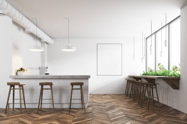 Beyaz modern iç mekan, poster bar