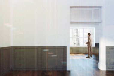 Boş oda, kapı, adam beyaz ve gri