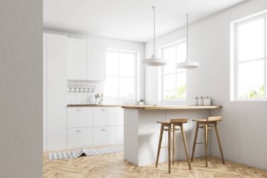 Beyaz mutfak köşesi bir çizgiyle