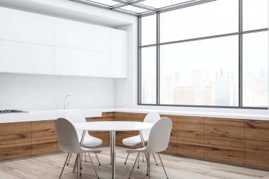 Ahşap ve beyaz mutfak ve yemek odası köşesi