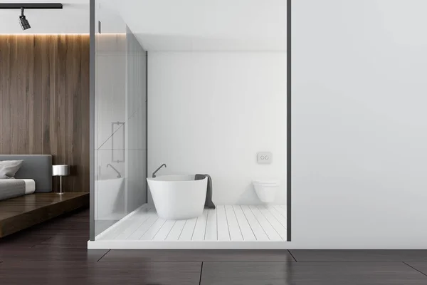 Salle de bain luxueuse en bois blanc et sombre, vue latérale — Photo