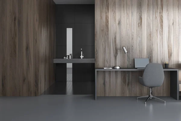 Wooden home office interior, bathroom — Stock Photo, Image