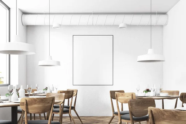 White loft restaurant interior, poster close up