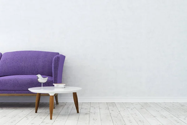 White living room, purple sofa close up — Stock Photo, Image