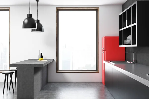Graue Küchenausstattung, roter Kühlschrank Seitenansicht — Stockfoto
