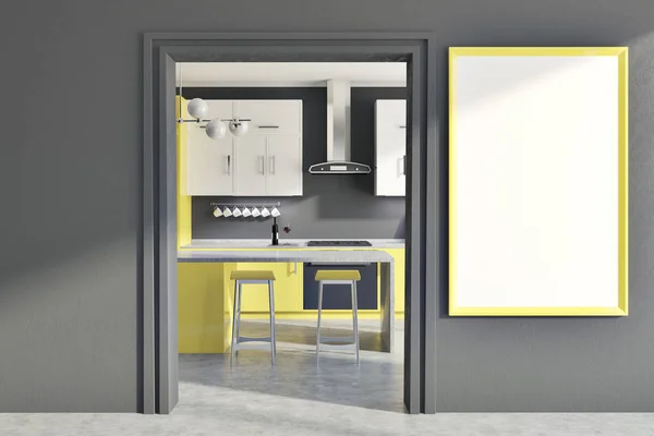 Gray wall kitchen, yellow counters, poster, door — Stock Photo, Image