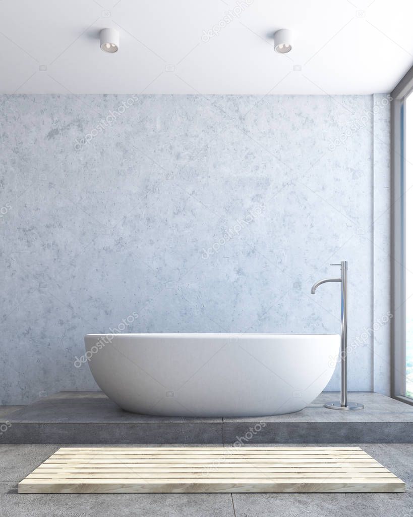 Close up of a white bathtub, concrete bathroom
