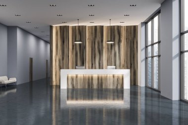 Ahşap modern bir ofis resepsiyonda