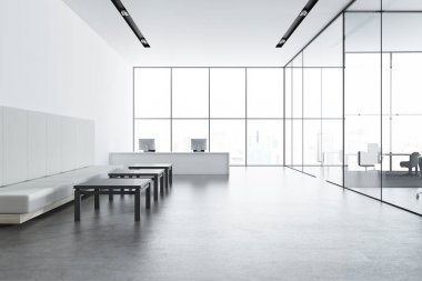 Beyaz resepsiyon masası panoramik bir ofiste kanepe