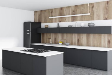 Ahşap mutfak köşesi, siyah sayaçları, bar