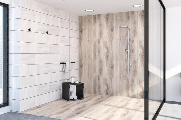 Azulejos de madera esquina del baño, ducha — Foto de Stock