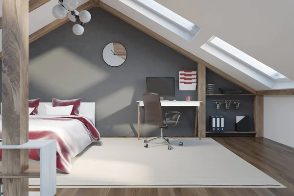 Stylish gray bedroom in the attic — Stock Photo, Image