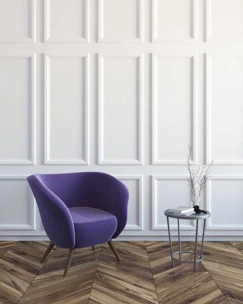 Vita vardagsrum med en lila fåtölj — Stockfoto