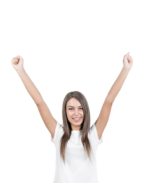 Счастливая молодая женщина с поднятыми руками, изолированная — стоковое фото