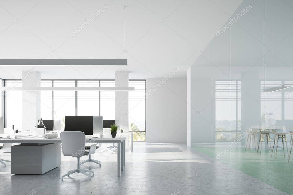 Front view of a concrete floor open space office
