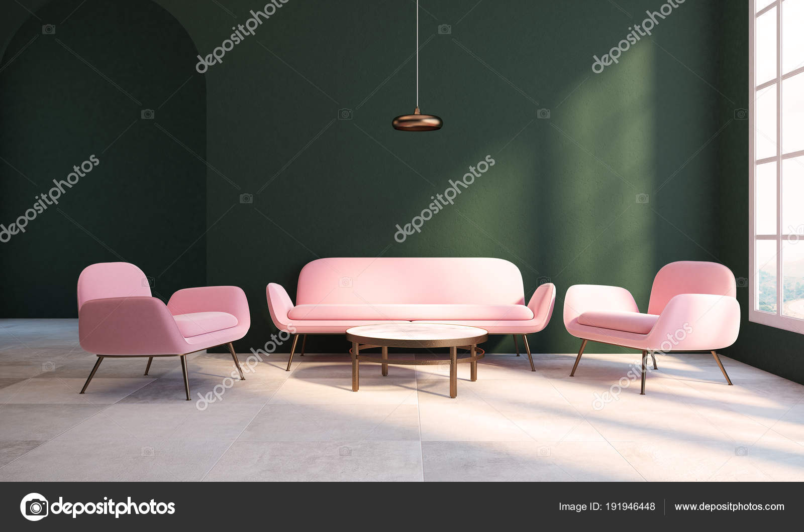 Empty Green Living Room Pink Armchair And Sofa Stock Photo