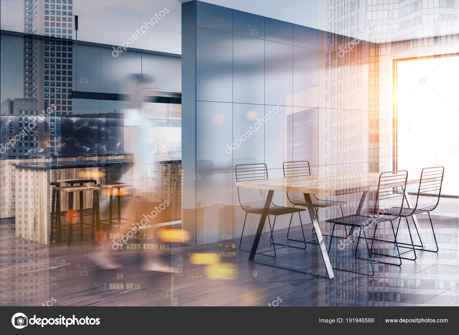 marmor kuche mit beton wand minimalistisch design, grau und marmor küche und esszimmer, frau — stockfoto, Design ideen