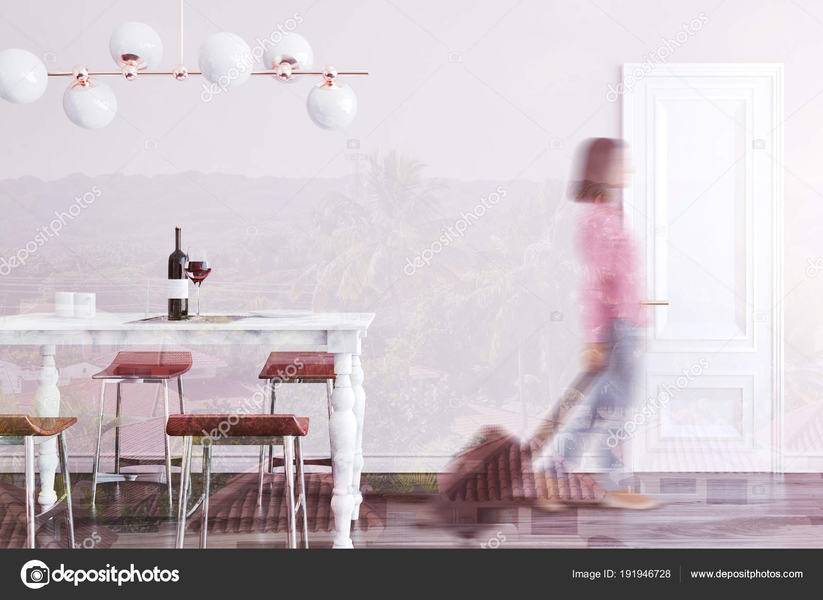 Interno Sala Da Pranzo Tavolo Di Marmo Donna Foto Stock