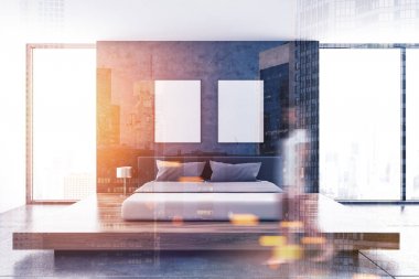 Beton duvar İskandinav yatak odası, posterler bulanıklık