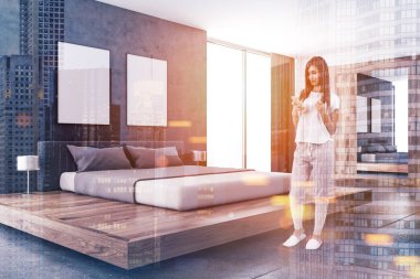 Beton duvar İskandinav yatak odası, tonda posterler