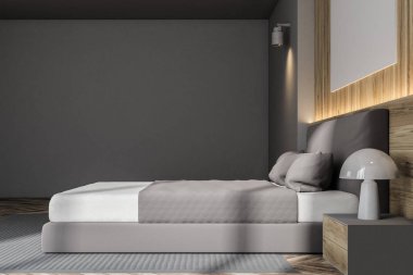 Ahşap duvar İskandinav yatak odası yan görmek