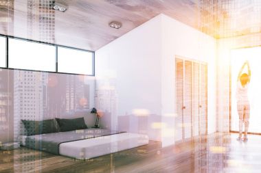 Beyaz ve ahşap yatak odası köşe tonda