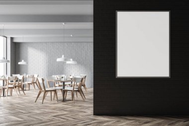 Poster beyaz tuğla modern café iç, yakın çekim