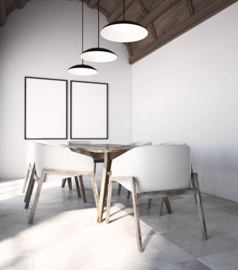 Beyaz yemek odası, iki posterleri çerçeveli