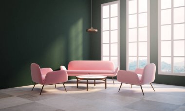Boş yeşil oturma odası, pembe kanepe, pencere