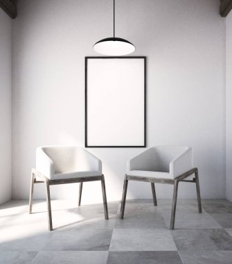 Oturma odası iç, iki beyaz koltuklar, poster