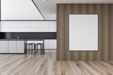 Duvarda çerçeveli poster ile beyaz mutfak