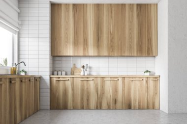 Ahşap mutfak tezgahı altında pencere yan görünüm