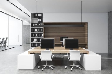 Beyaz ve ahşap ofis iç, önden görünüm