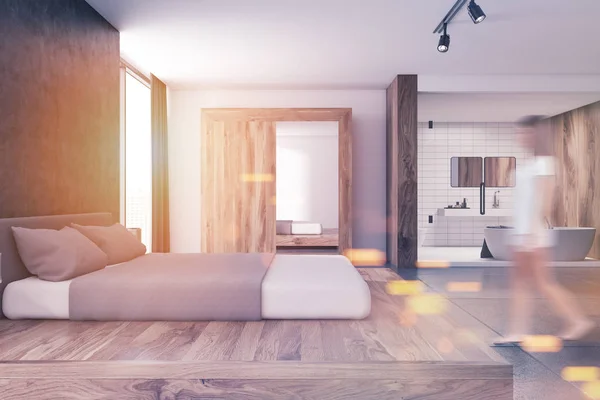 Moderne slaapkamer en badkamer interieur vervagen — Stockfoto