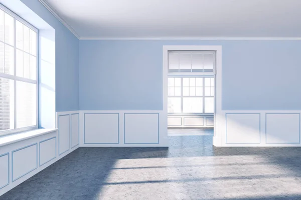 Empty room with blue walls, door and big window — Stock Photo, Image