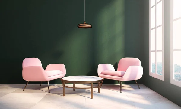Gröna vardagsrum, två rosa fåtöljer, bord — Stockfoto