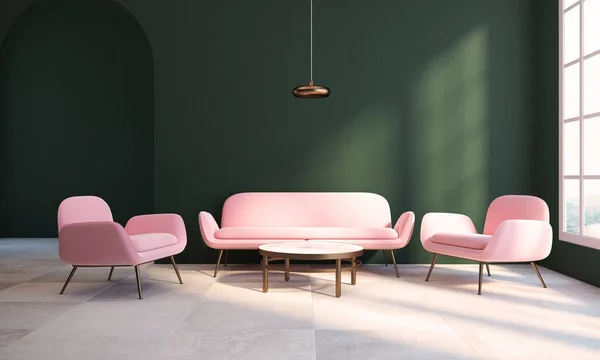 Empty green living room, pink armchair and sofa