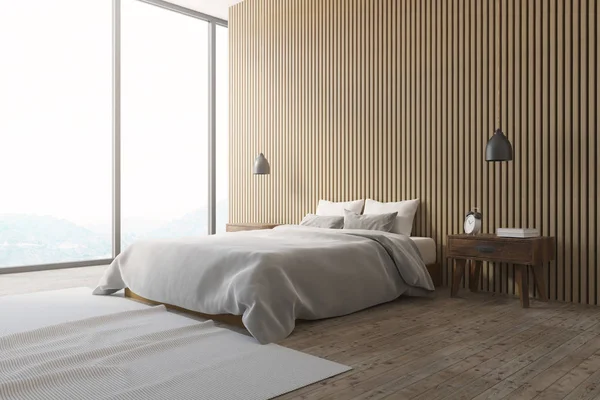 Holz Wand Loft Schlafzimmer Ecke, Teppich — Stockfoto