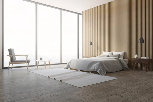 Houten wand loft slaapkamer interieur tapijt zijaanzicht — Stockfoto