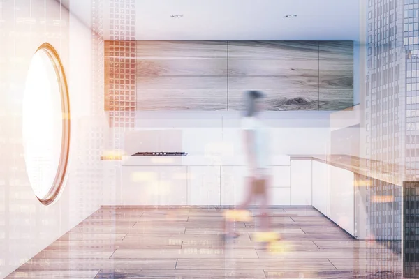 Round window kitchen interior toned blur