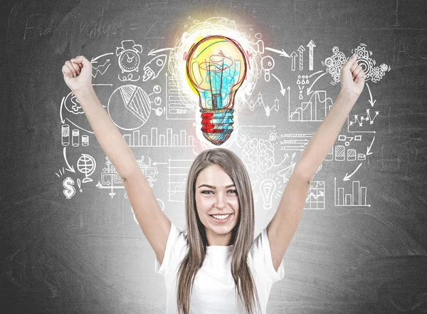 Happy young woman, hands in the air, business idea — Stock Photo, Image