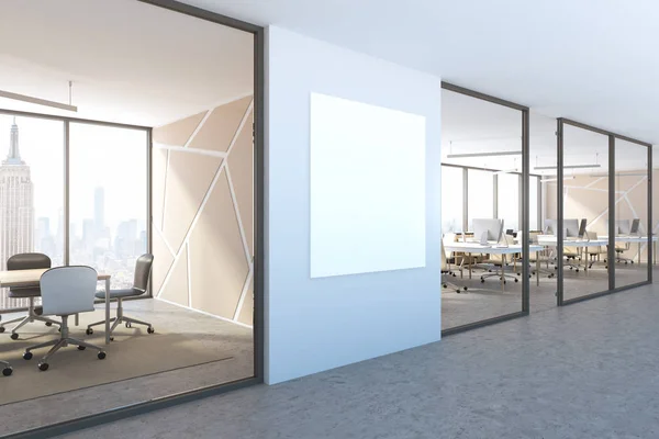 蓝色墙壁办公室大厅的侧面看法, 方形的海报 — 图库照片