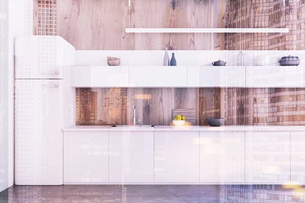 Cucina in legno, contatori bianchi tonica — Foto Stock