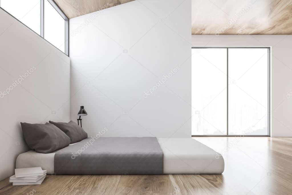 Loft white wall bedroom interior, mock up wall